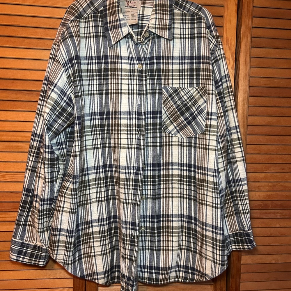 Vintage 90s At Last & Co Plaid Flannel Shirt Medium Blue White